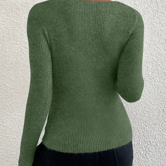 green rib knit sweater chic classic casual fall winter trending - Picture 4 of 7